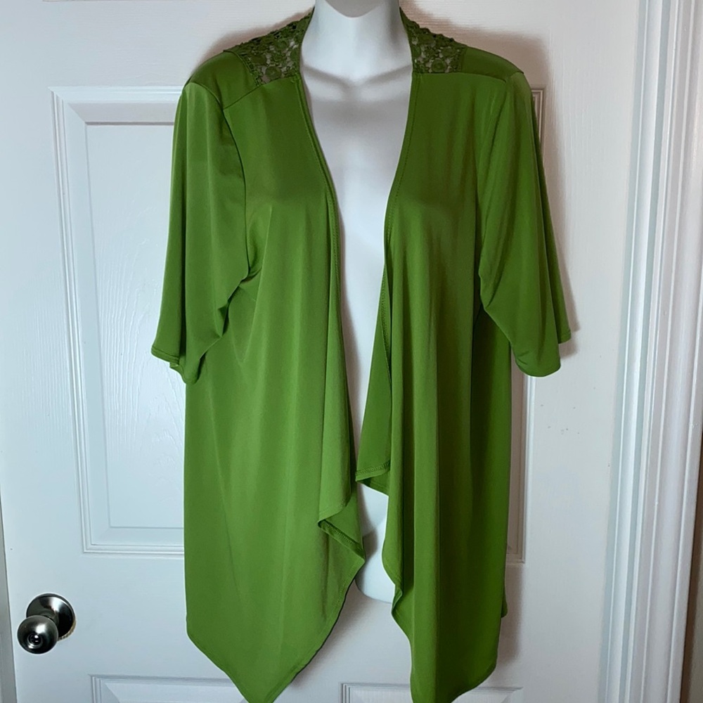 Susan Graver Liquid Knit Open Front Cardigan Green W/ Crochet Back Sz XL